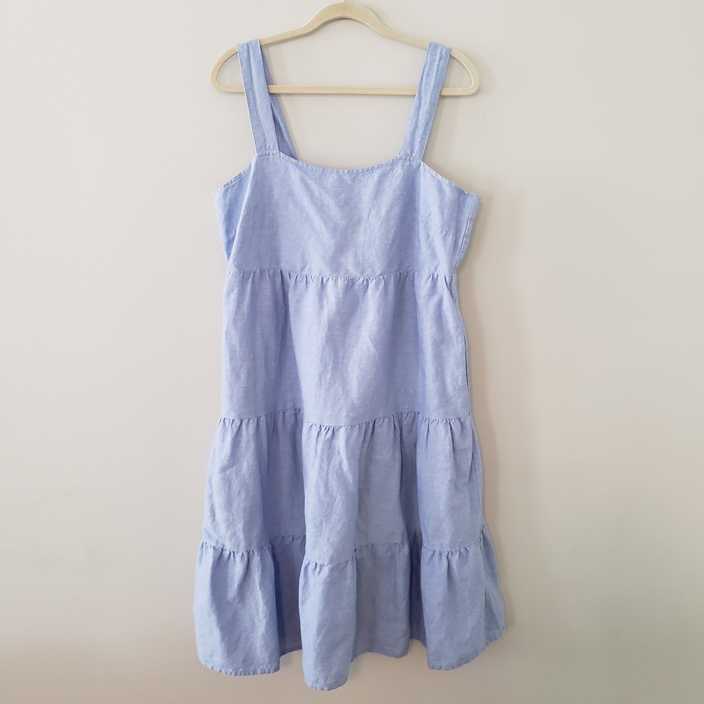 Lands End Womens Coastal Tiered‎ Linen Bl  Midi Dress 12 PET Cottagecore Minimal